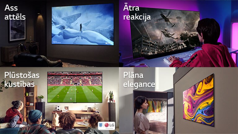 Vīrietis tumšā telpā sēž dīvānā un skatās televizoru, kurā redzams vīrietis uz sniegota kalna. Meitene spēlē datorspēli lielā televizora ekrānā, kurā redzams, kā kareivis laižas lejup no helikoptera. Viesistabā četri cilvēki sēž uz dīvāna un skatās futbola spēli. Sieviete skatās televizorā, kas piekārts pie sienas un attēlo mākslas darbu.