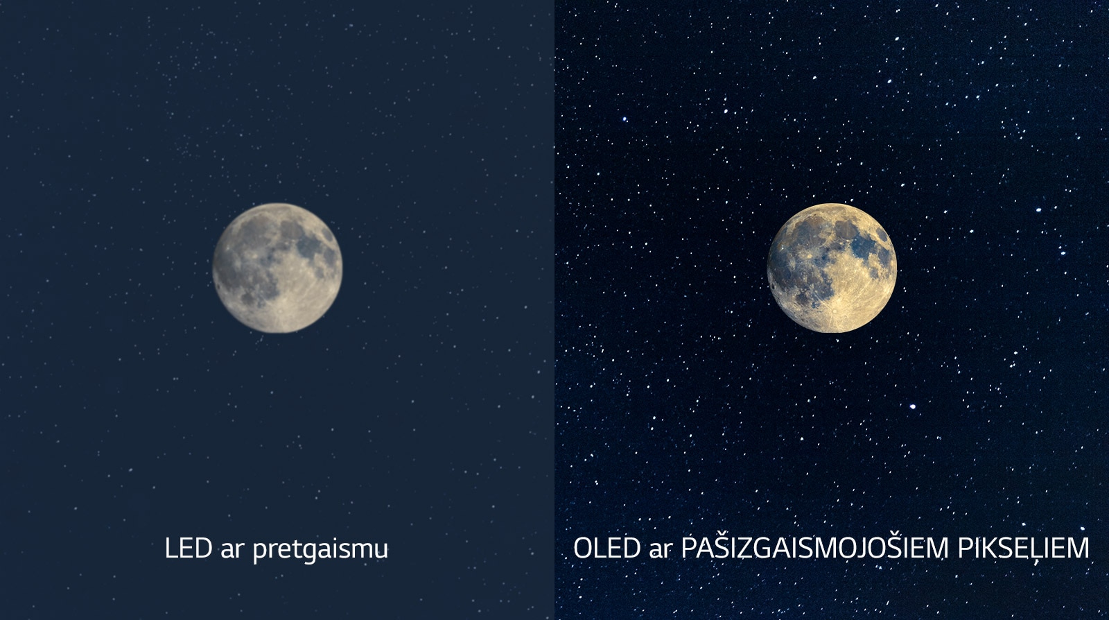 Mēness attēls — kreisajā pusē LED ekrānā ar neskaidru melno krāsu un labajā pusē OLED ekrānā ar perfektu melno krāsu (atskaņojiet video)