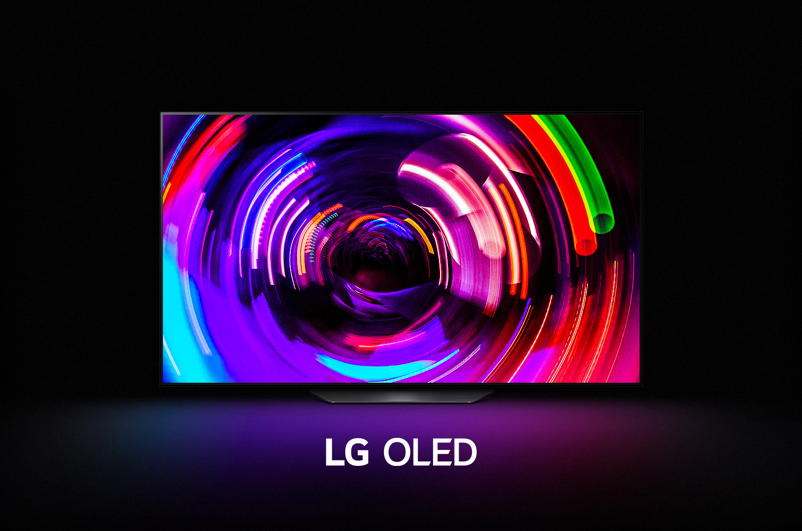 LG OLED televizorā redzams abstrakts krāsu aplis.