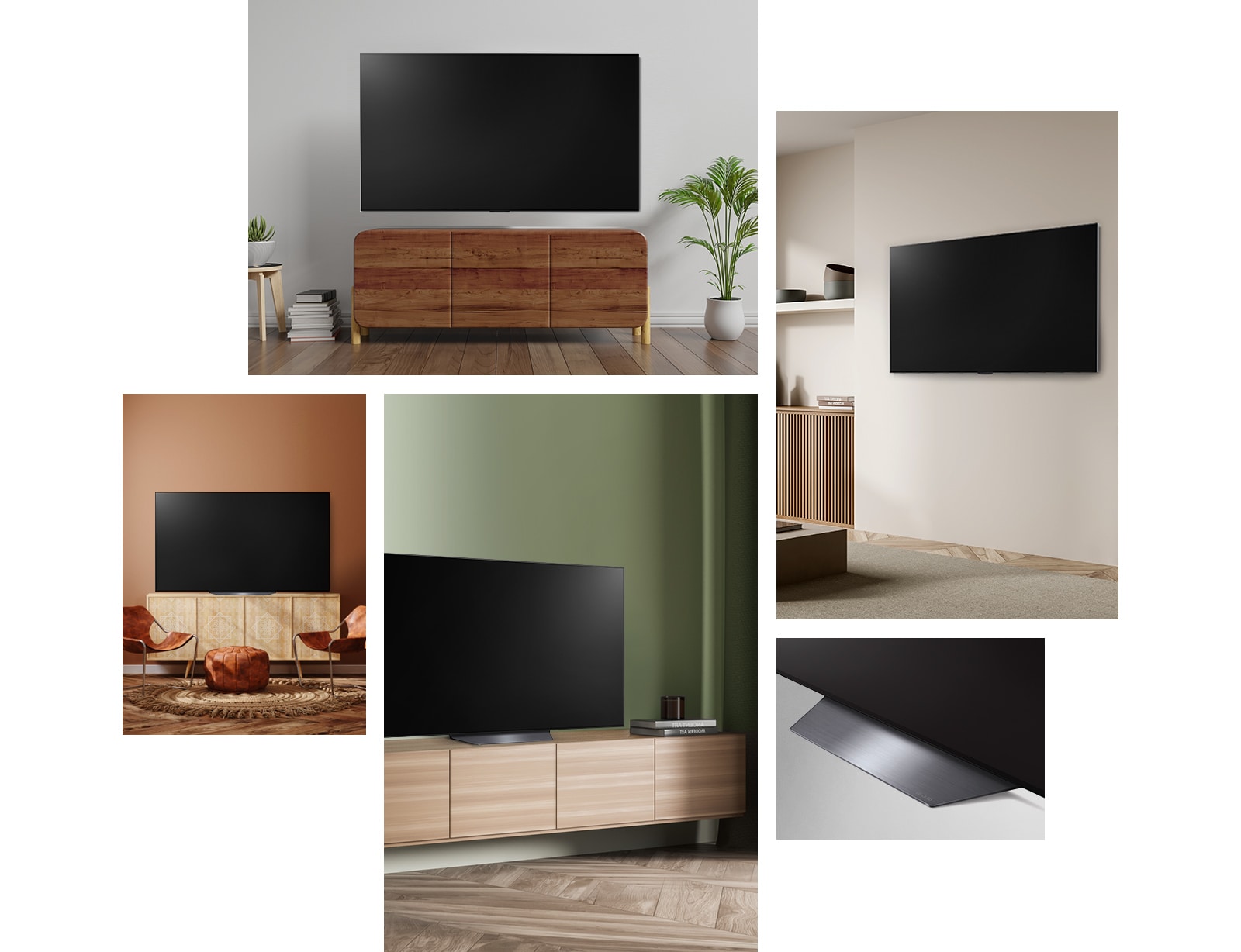 LG OLED B2 piekārts pie sienas viesistabā, kurā ir arī augi, grāmatu kaudze un senlaicīgs skapītis. LG OLED B2 piekārts pie sienas minimālisma stilā iekārtotā telpā pie plaukta ar vienkrāsainiem ornamentiem. Sānu skats uz LG OLED B2 pamatni. LG OLED B2 novietots uz televizoru statīva krāsainā viesistabā blakus grāmatu kaudzei. LG OLED B2 novietots uz televizoru statīva terakotas toņos veidotā telpā blakus diviem ādas krēsliem ar pieskaņotas krāsas kāju paliktni un austu paklāju.
