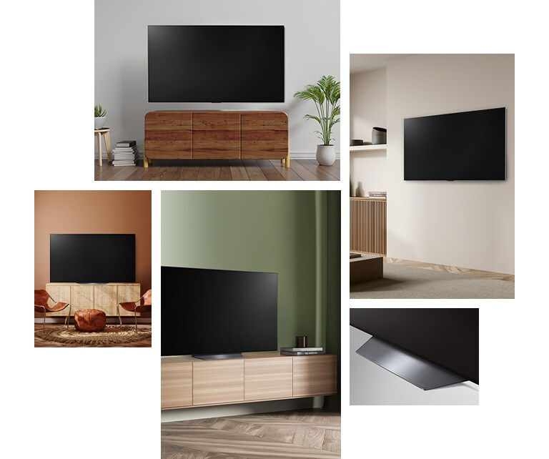 LG OLED B2 piekārts pie sienas viesistabā, kurā ir arī augi, grāmatu kaudze un senlaicīgs skapītis. LG OLED B2 piekārts pie sienas minimālisma stilā iekārtotā telpā pie plaukta ar vienkrāsainiem ornamentiem. Sānu skats uz LG OLED B2 pamatni. LG OLED B2 novietots uz televizoru statīva krāsainā viesistabā blakus grāmatu kaudzei. LG OLED B2 novietots uz televizoru statīva terakotas toņos veidotā telpā blakus diviem ādas krēsliem ar pieskaņotas krāsas kāju paliktni un austu paklāju.