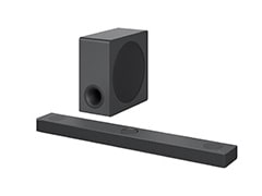 Diagonāls LG Sound Bar S80QY skaņas joslas komplekta skats.
