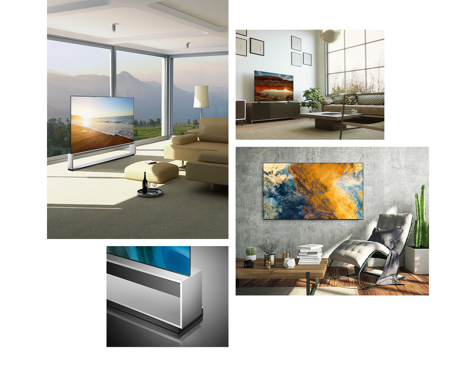 LG OLED Z2 ar grīdas statīvu atrodas liela loga priekšā, no kura paveras skats uz laukiem un kalniem. LG OLED Z2 atrodas uz televizora statīva piezemētu toņu viesistabā ar augiem un saskaņotiem dekoriem. Pie viesistabas pelēkās sienas karājas LG OLED Z2, tam blakus ir moderns šūpuļkrēsls un kaktusi. LG OLED Z2 grīdas statīva sānskats.