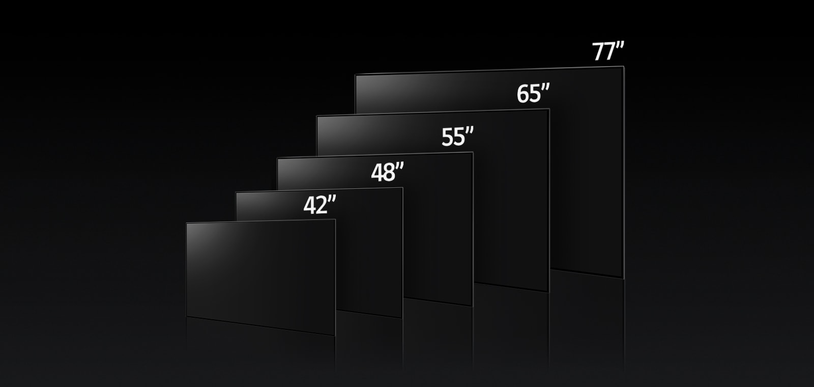 Slika primerjave različnih velikosti LG OLED C3 prikazuje 42", 48", 55", 65" in 77".