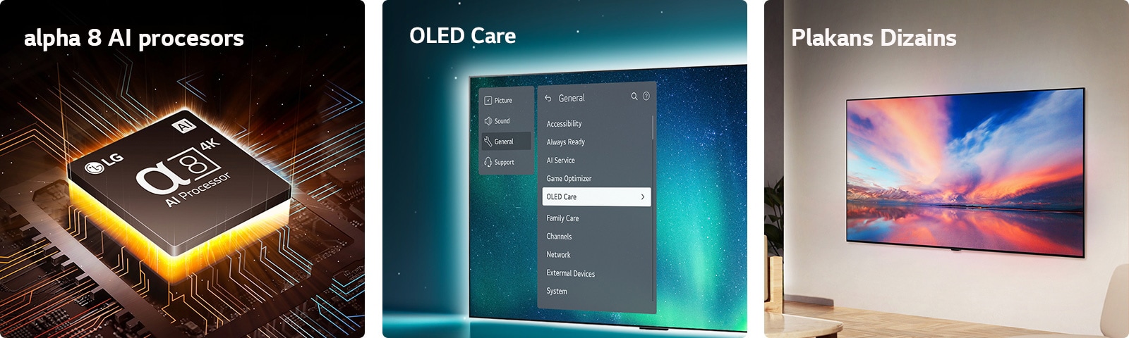 LG alpha 8 AI procesors līdzās mātesplatei, izstarojot oranžus gaismas starus.  OLED televizors ar OLED Care izvēlni tik atlasīta palīdzības izvēlnē, kas redzama ekrānā.  Plakanais dizains sānskatā, televizoram novietotam tieši pie sienas modernā dzīvojamajā istabā.