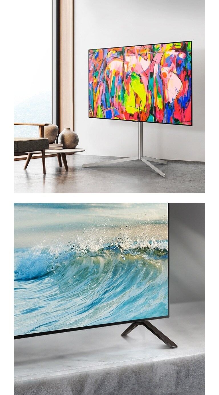 LG OLED TV, OLED B4, statīvs uz marmora virsmas, skats no apakšējā stūra. Gaiši zils vilnis ekrānā.   LG OLED TV, OLED B4 uz statīva minimālisma stila telpā. 