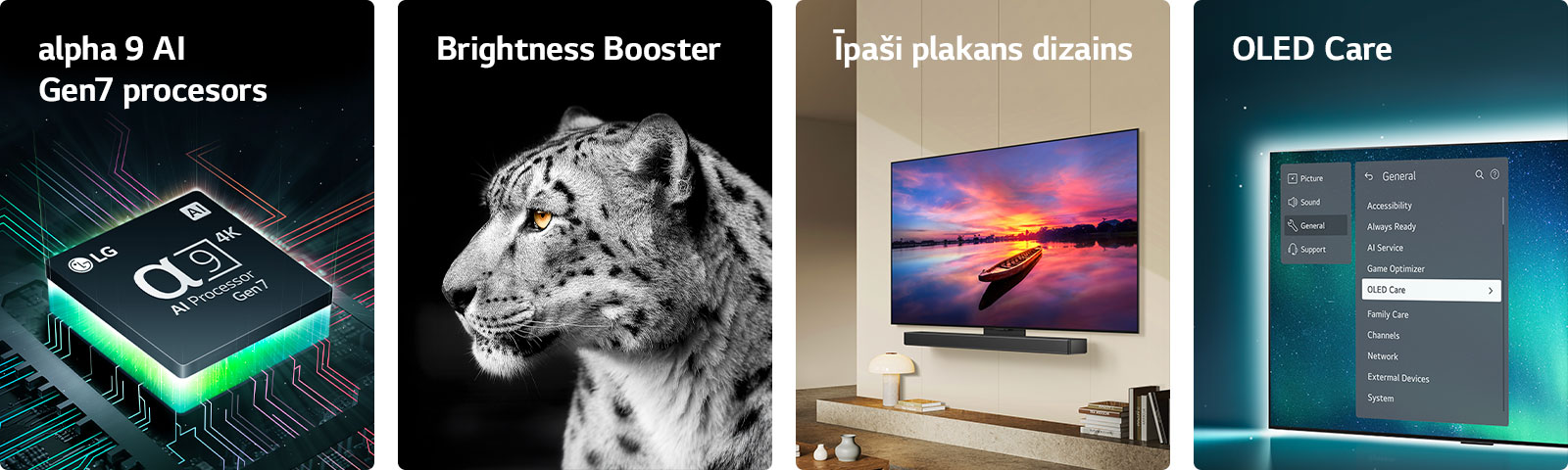 LG alpha 9 AI Gen7 procesors līdzās mātesplatei, izstarojot zaļus gaismas starus.  Brightness Booster ar sānu attēlu ar baltu leopardu.  Īpaši plakana dizaina, saderīgs ar LG skaļruni, pie sienas modernā dzīvojamajā istabā.  OLED televizors ar OLED Care izvēlni tik atlasīta palīdzības izvēlnē, kas redzama ekrānā.