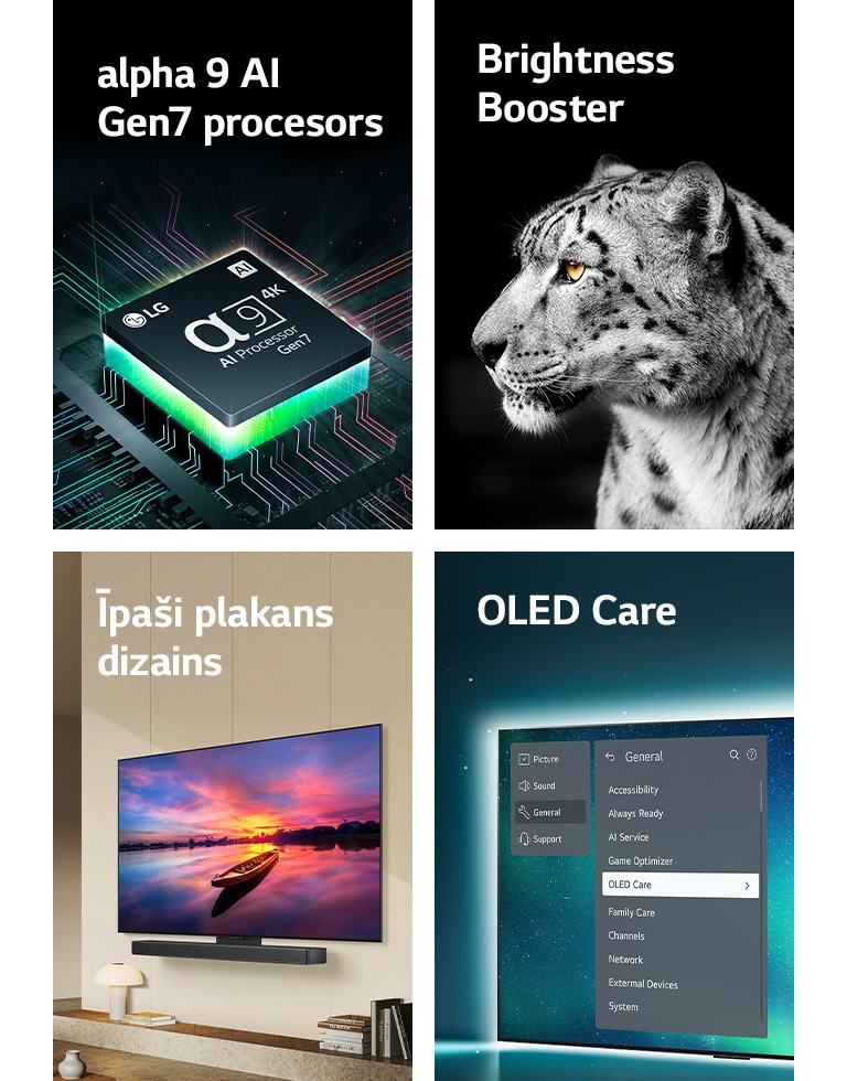 LG alpha 9 AI Gen7 procesors līdzās mātesplatei, izstarojot zaļus gaismas starus.  Brightness Booster ar sānu attēlu ar baltu leopardu.  Īpaši plakana dizaina, saderīgs ar LG skaļruni, pie sienas modernā dzīvojamajā istabā.  OLED televizors ar OLED Care izvēlni tik atlasīta palīdzības izvēlnē, kas redzama ekrānā.