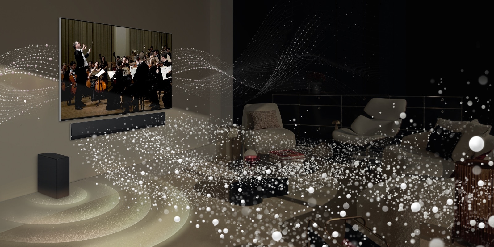 LG OLED TV un skaļrunis piestiprināts pie sienas dzīvojamajā istabā, ko apņem balta grafika.