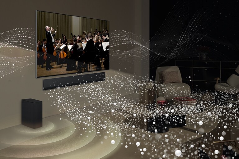 LG OLED TV un skaļrunis piestiprināts pie sienas dzīvojamajā istabā, ko apņem balta grafika.