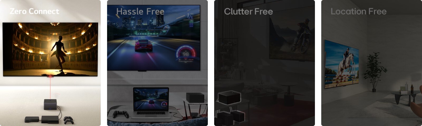 Tiek parādīti četri attēli. Pirmajā attēlā ir redzams, ka LG OLED evo M4 priekšā ir novietots Zero Connect Box, un ekrānā redzams dejotājs teātrī un uzraksts “Zero Connect” augšējā kreisajā stūrī. Otrajā tiek rādīta autosacīkšu spēle, kas tiek rādīta gan uz LG OLED evo M4, kas piekārts pie sienas, gan klēpjdatorā viesistabā, ar Zero Connect Box sānu un uzrakstu “Bez problēmām” augšējā kreisajā stūrī. Trešajā ir redzama Zero Connect Box ar vairākām ierīcēm, kuras ir izceltas aptumšotā dzīvojamās istabas attēlā, un augšā pa kreisi ir uzraksts “Bez jucekļa”. Ceturtajā attēlā redzams LG OLED evo M4 leņķa perspektīvā uz statīva dzīvojamā zonā un uzraksts “Brīva vieta” augšējā kreisajā stūrī.