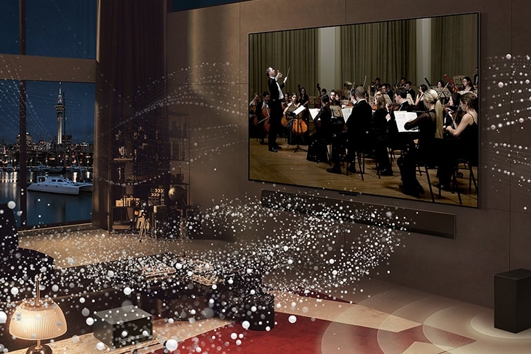 LG OLED evo M4 tiek atskaņots koncerts, un no TV un LG Soundbar visā telpā tiek izstaroti balti apļi. 