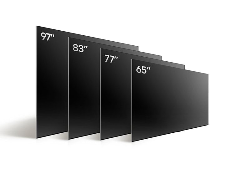 Sal. LG OLED TV, OLED evo M4 dažādos izmēros, parādot OLED evo M4 83 collu, OLED evo M4 77 collu, OLED evo M4 65 collu un LG SIGNATURE OLED M4 97 collu iespējas.