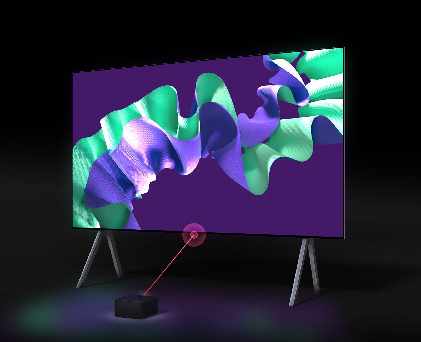 LG SIGNATURE OLED M4 ekrānā rāda violetu un piparmētru zaļu abstraktu mākslas darbu, pēc tam televizors pagriežas atpakaļ un pagriežas 45 grādu leņķī, atklājot televizora priekšā uz statīva tumšā vietā Zero Connect Box. Parādās sarkans Wi-Fi signāls, un televizora virzienā izstarots sarkans staru kūlis. 