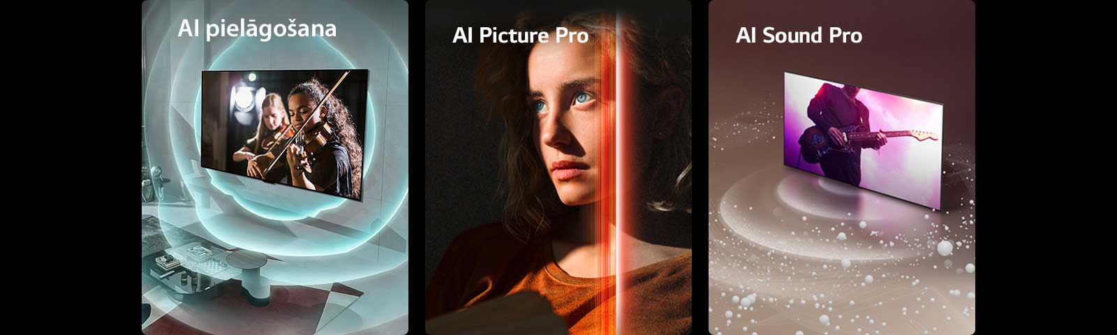Tiek parādīti trīs attēli. Pirmajā ir parādīts LG SIGNATURE OLED M4 modernā dzīvojamā telpā, uz ekrāna demonstrējot muzikālu priekšnesumu. Zili apļveida viļņi norāda uz televizora un vides personalizāciju. Otrajā redzama sieviete ar izteikti zilām acīm un spilgti oranžu topu tumšā vietā. Sarkanas līnijas norāda uz AI uzlabojumiem, daļēji aizsedzot viņas seju, kas ir spilgta un detalizēta, kamēr pārējās attēla daļas ir miglainas. Trešajā attēlā redzams LG SIGNATURE OLED M4 ar skaņas burbuļiem un viļņiem no ekrāna, piepildot telpu.