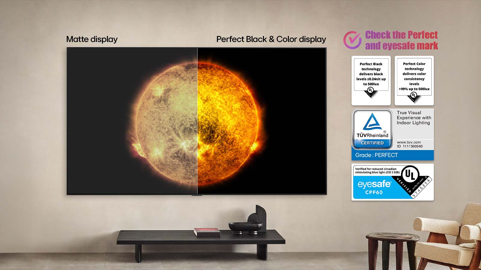 LG OLED TV, kurā redzams vizuāls salīdzinājums starp displeju ar Perfect Color un Perfect Black funkcijām un displeju bez tām. Ir redzamas UL, TÜV un EyeSafe sertifikācijas ar tekstu, kas aicina pārbaudīt atzīmes.