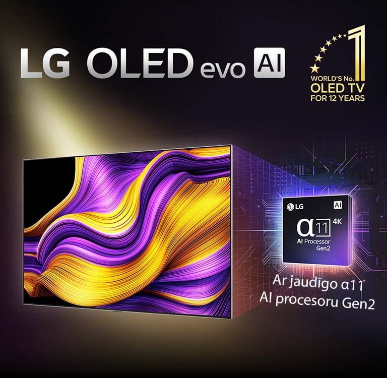 LG OLED evo AI TV ekrānā ir redzams abstrakts attēls ar iespaidīgām detaļām, krāsām un kontrastu. Aiz TV ir palielināta alpha 11 AI procesora Gen2 versija. Tas spīd ar gaismu, kas apgaismo mikroshēmas ķēdes ap to. Nosaukumā lasāms LG OLED evo AI. Redzams arī teksts, ko darbina LG alpha 11 AI procesors Gen2. Stūrī ir zelta logotips ar zvaigznēm, kas vēsta, ka OLED TV ir pasaulē jau 12 gadus.