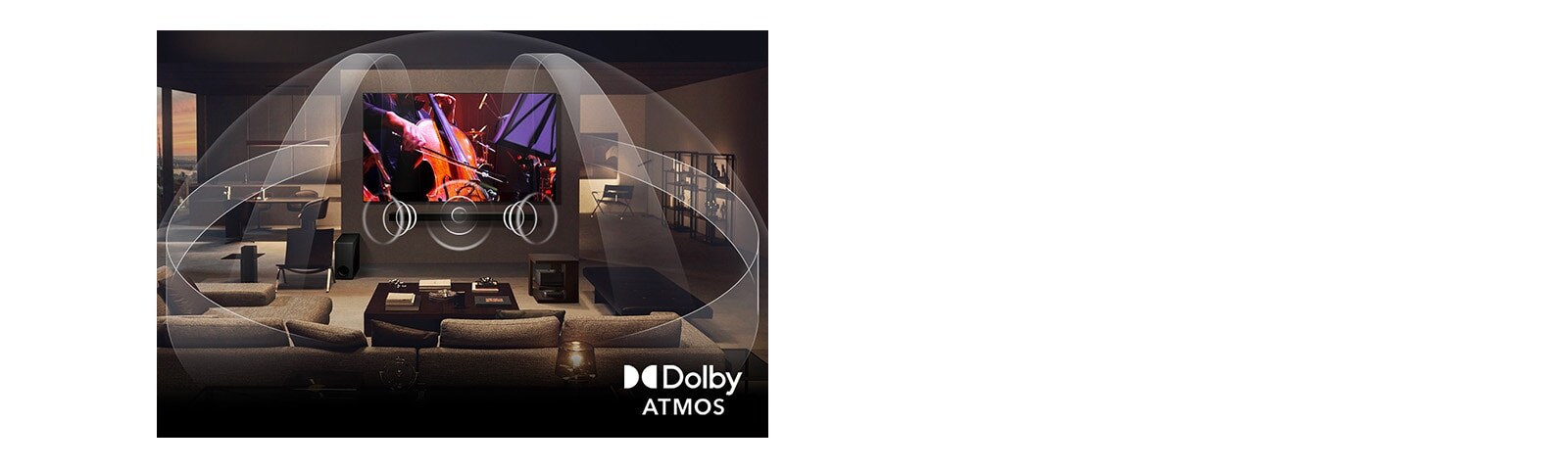 Vāji apgaismota, mājīga dzīvojamā istaba, kurā pāris skatās filmu savā LG OLED TV ar LG Soundbar. Grafika parāda, kā Dolby Atmos piepilda visu telpu ar telpisko skaņu no visiem virzieniem. Dolby Atmos logotips atrodas apakšējā stūrī.