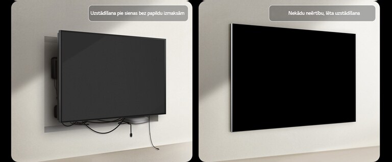 Vadu TV un LG True Wireless TV salīdzinājums blakus attiecībā uz uzstādīšanu. Vadu TV pusē bijusi nepieciešama papildu konstrukcija, lai noslēptu citas ierīces aiz TV. Nekārtība un vadi joprojām redzami spraugās. Norāde par uzstādīšanu pie sienas bez papildu izmaksām. LG True Wireless pusē TV ir estētiski piestiprināts pie sienas. Nav redzami nekādi vadi vai citas ierīces. Norāde par ērtu un lētu uzstādīšanu.