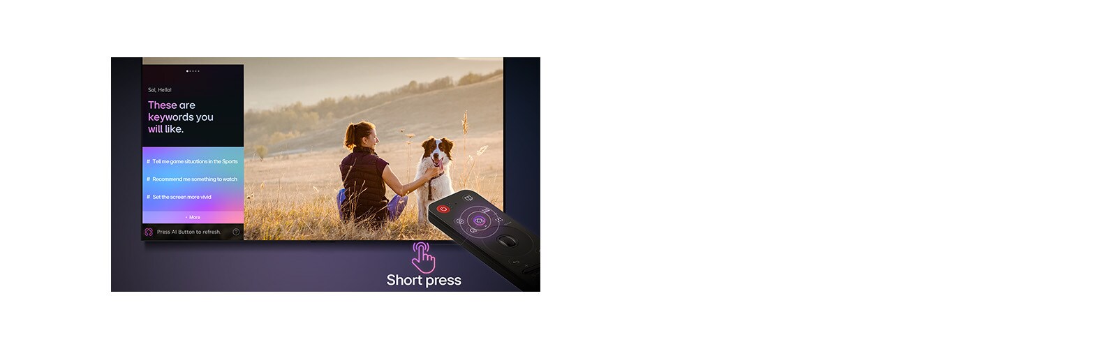LG AI Magic Remote pults LG TV ekrāna priekšā. Ekrānā redzams personalizēts sveiciens no LG AI ar pielāgotiem atslēgvārdiem, pamatojoties uz lietotāja meklēšanas un skatīšanās vēsturi. Pie pults redzama ikona ar norādi, ka AI Concierge funkcionalitāte ir ērti pieejama ar vienu AI pogas nospiešanas reizi.