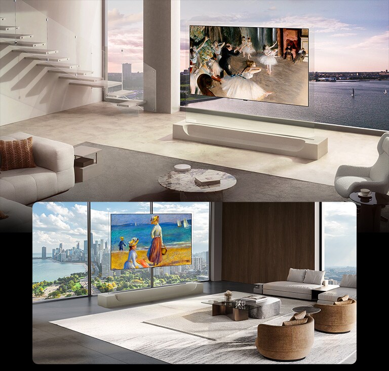 LG OLED evo AI W6 Wallpaper TV parādās divās dzīvojamās telpās: vienā ainā baleta glezna istabā ar skatu uz upi pāriet salas ainavā istabā ar skatu uz pilsētu, savukārt otra telpa paliek nemainīga ar dzīvespriecīgu jūrmalas gleznu.