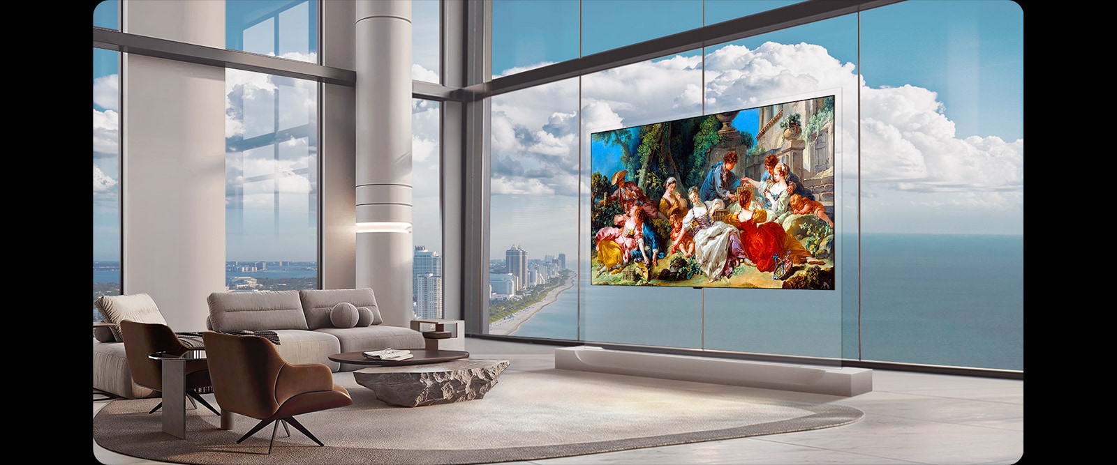 LG OLED evo AI W6 Wallpaper TV ar 9 mm plānu korpusu atrodas panorāmas dizaina augstceltnes dzīvojamā istabā, ekrānā rādot detalizētu klasisko gleznu, kamēr tā racionalizētā forma saglabā telpisko estētiku un interjera līdzsvaru.