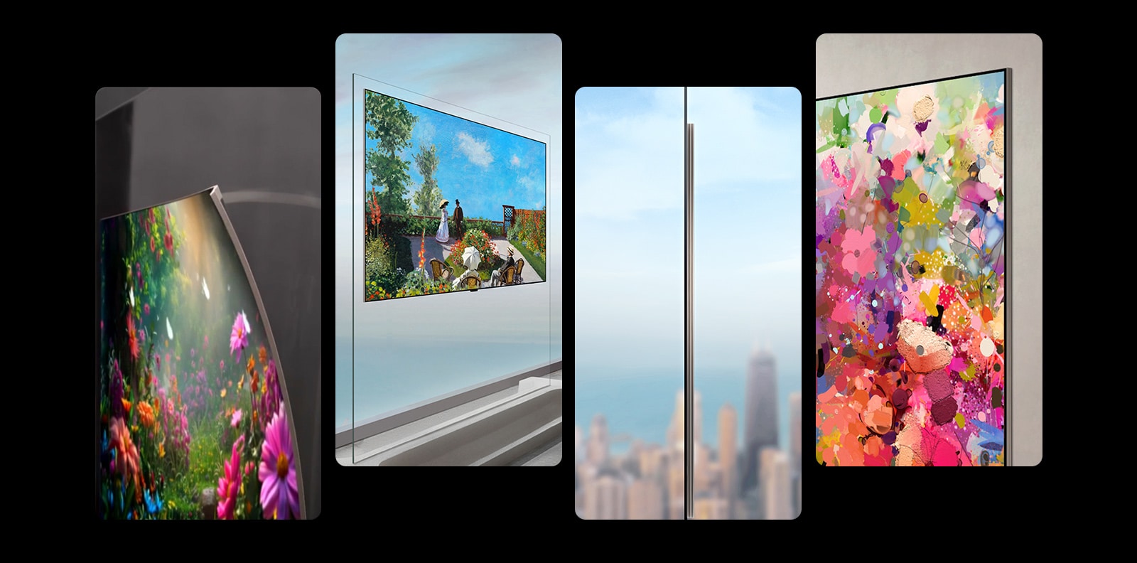 LG OLED evo AI W6 Wallpaper TV Flush Fit ar Zero Gap uzstādīts līdzeni bez redzamas atstarpes, attēlots vairākos leņķiskos skatos, kas izceļ tā plāno sānu profilu, augsto attēla kvalitāti un tīro displeja izskatu bez kabeļiem.