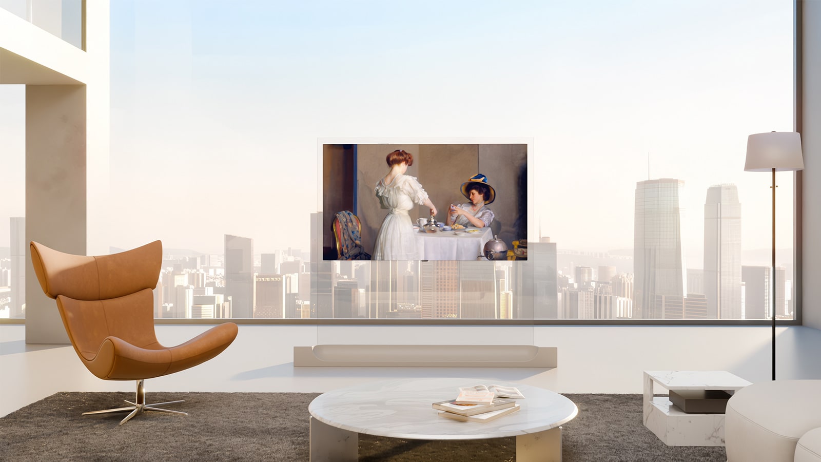 LG OLED evo AI W6 Wallpaper TV atrodas modernā dzīvojamā istabā ar panorāmas skatu uz pilsētu, ekrānā rādot dzīvespriecīgu kosmisko ainu, kas pastiprina vizuālo dziļumu, vienlaikus saglabājot arhitektonisko harmoniju telpā.