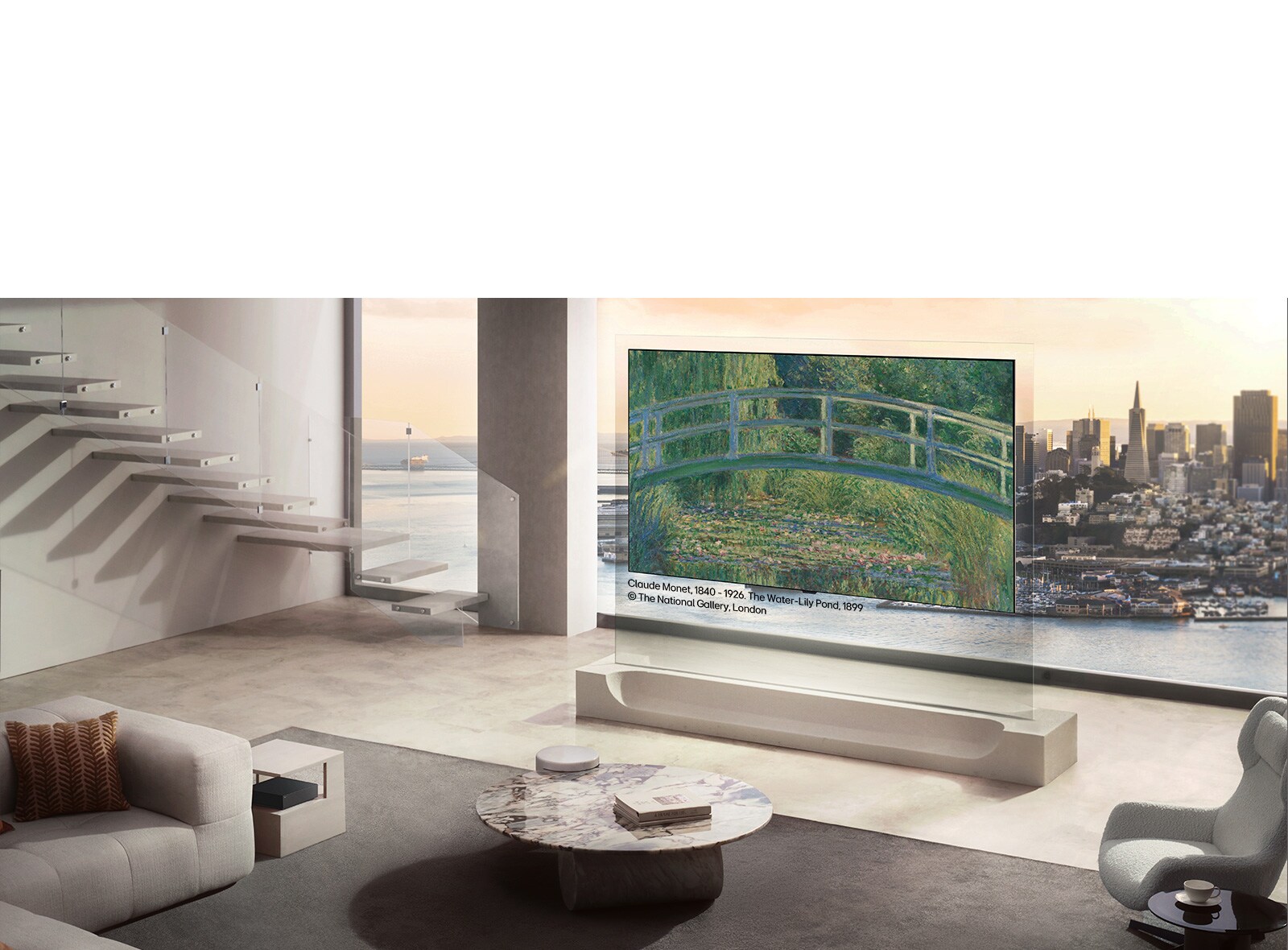 LG OLED evo AI W6 Wallpaper TV ar LG Gallery+ Diverse Art Content rāda Vinsenta van Goga ainavu pie sienas stiprināta ekrānā galerijai līdzīgā dzīvojamā telpā, blakus atrodas audekla un ierāmēti mākslas darbi.