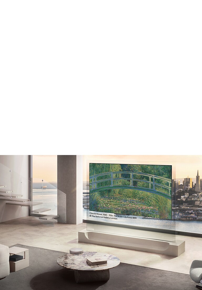 LG OLED evo AI W6 Wallpaper TV ar LG Gallery+ Diverse Art Content rāda Vinsenta van Goga ainavu pie sienas stiprināta ekrānā galerijai līdzīgā dzīvojamā telpā, blakus atrodas audekla un ierāmēti mākslas darbi.
