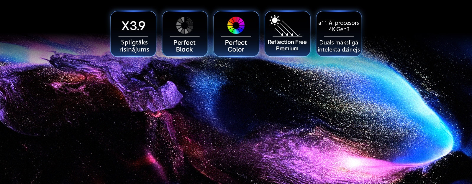 LG OLED evo W6 ekrānā rāda ikonas, kas apliecina 3,9 reizes spilgtāku maksimālo spilgtumu, Perfect Black un Perfect Color tehnoloģijas, Reflection Free Premium un alpha 11 AI procesoru 4K Gen3 uz kosmiska violetu un zilu daļiņu uzplaiksnījuma fona, kas veido vaļa formu.