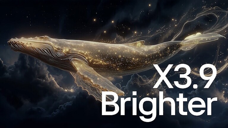 LG OLED evo AI W6 Wallpaper TV ar Brightness Booster Ultra rāda tumšu ainu, kurā mirdzošas daļiņas ieskauj vaļa siluetu, nodrošinot līdz pat 3,9 reizēm augstāku maksimālo spilgtumu ar lielāku izgaismojumu un skaidrākām detaļām.