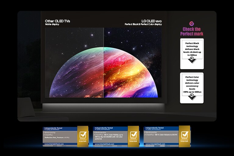 LG OLED evo AI W6 Wallpaper TV rāda dalīta ekrāna planētas un zvaigžņu ainu, salīdzinot pretatspīduma matēto displeju ar tā Perfect Black un Perfect Color displeju skaidrākai attēla kvalitātei jebkurā apgaismojumā, ko apliecina UL sertifikācija un Intertek sertifikācijas krāsu precizitātei un pretatspīdumam.