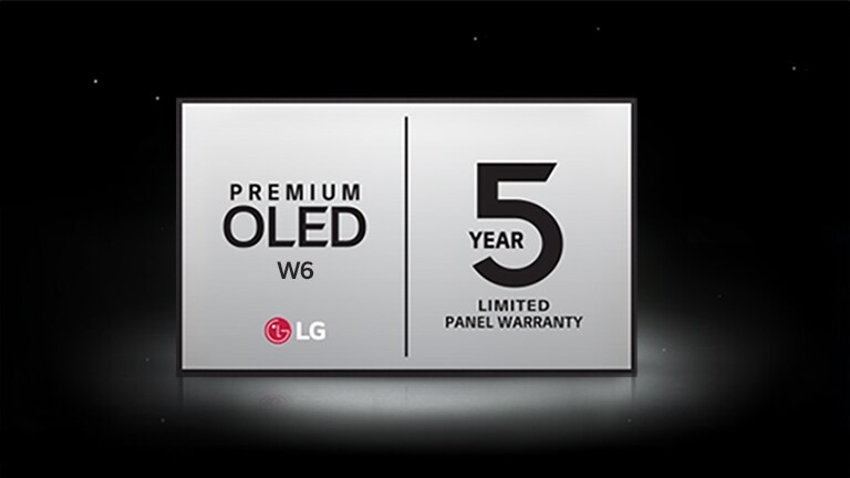 Premium OLED W6 piecu gadu ierobežotās paneļa garantijas logotips redzams uz tumša fona.