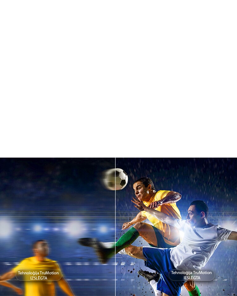 LG OLED evo AI W6 Wallpaper TV ar TruMotion izceļ kustību izlīdzināšanu sadalītā ekrāna futbola ainā, kontrastējot izplūdušu darbību ar izslēgtu TruMotion un asas, skaidras kustības ar ieslēgtu TruMotion, lai uzsvērtu skaidrību ātras darbības sporta spēlēs.