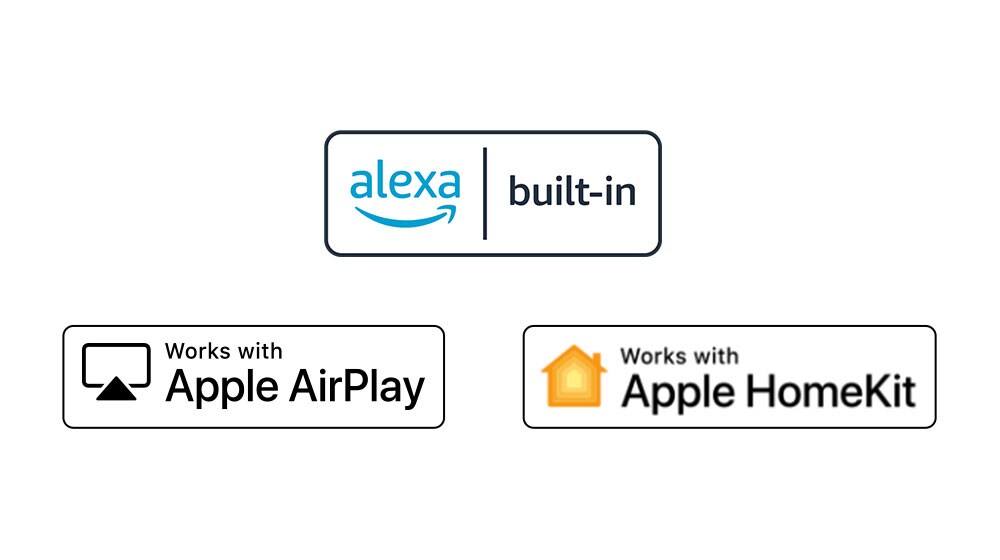 Rindā sakārtoti četri logotipi —  alexa built-in, Works with Apple AirPlay, Works with Apple HomeKit. 