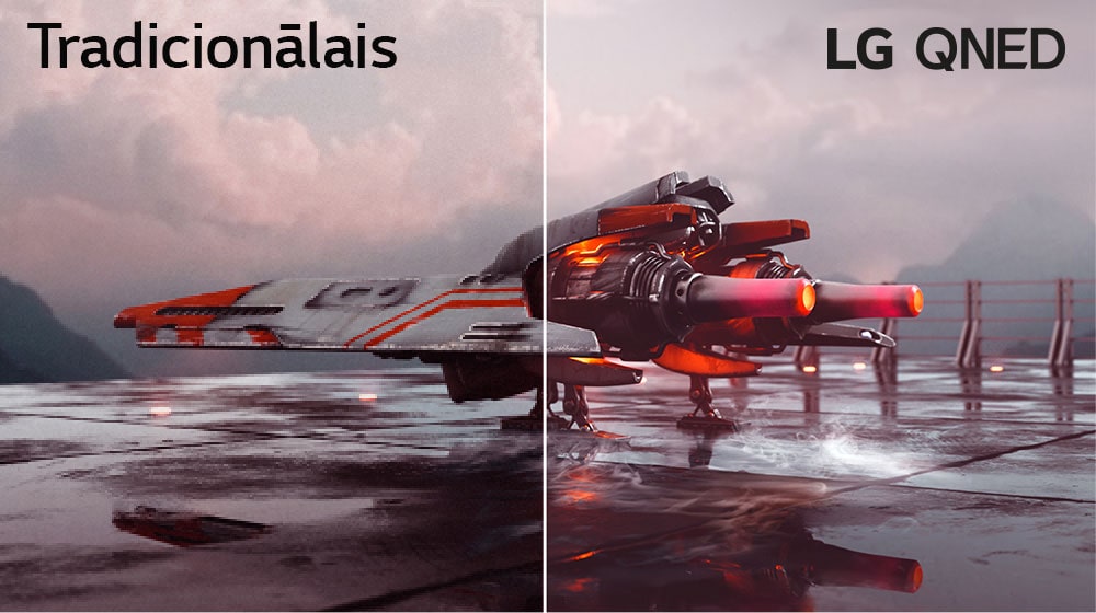 Attēlā redzama sarkana kaujas lidmašīna, un attēls ir sadalīts divās daļās — attēla kreisā puse šķiet mazāk krāsaina un nedaudz tumšāka, savukārt labā puse ir gaišāka un krāsaināka. Kreisajā augšējā stūrī redzams uzraksts “Tradicionālais”, bet labajā augšējā stūrī redzams LG QNED logotips.