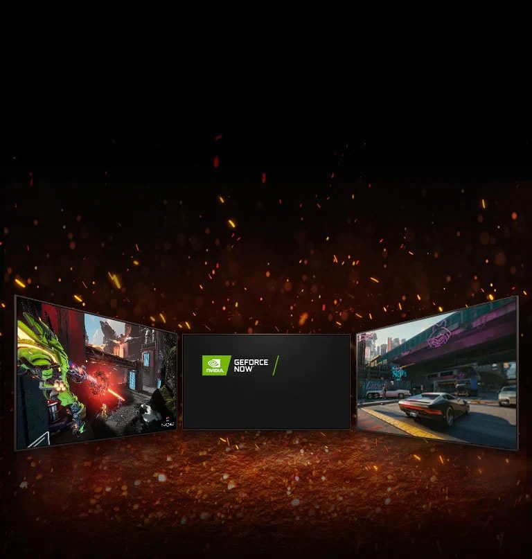 Attēloti trīs televizori. Ekrāna vidū pa diagonāli novietoti divi logotipi — NVIDIA GeFORCE NOW un STADIA. Kreisajā televizorā redzama spēle Splitgate, savukārt labajā televizorā — Cyberpunk 2077.  