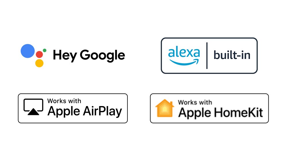 Rindā sakārtoti četri logotipi — Hey Google, alexa built-in, Works with Apple AirPlay, Works with Apple HomeKit.