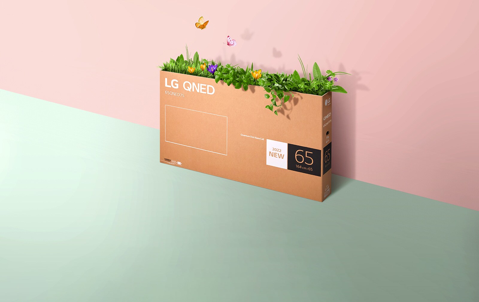 QNED iepakojuma kaste ir novietota uz rozā, zaļa fona, un no tās uz āru aug zāle un lido ārā tauriņi.