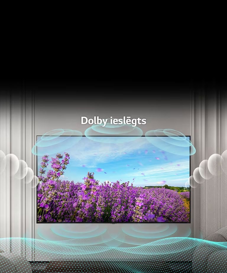 QNED televizora ekrānā redzami rozā rapšu ziedi vasarīgā laukā, attēla centrā ir uzraksts Dolby OFF. Ekrānā redzamais attēls kļūst gaišāks, un teksts mainās uz ieslēgtu dolby funkciju.