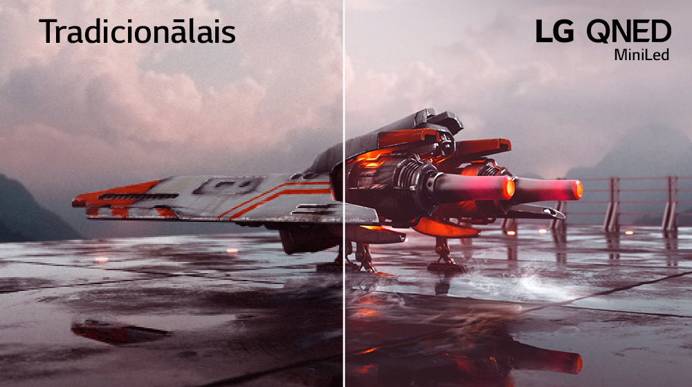 Attēlā redzama sarkana kaujas lidmašīna, un attēls ir sadalīts divās daļās — attēla kreisā puse šķiet mazāk krāsaina un nedaudz tumšāka, savukārt labā puse ir gaišāka un krāsaināka. Kreisajā augšējā stūrī redzams uzraksts “Tradicionālais”, bet labajā augšējā stūrī redzams LG QNED logotips.