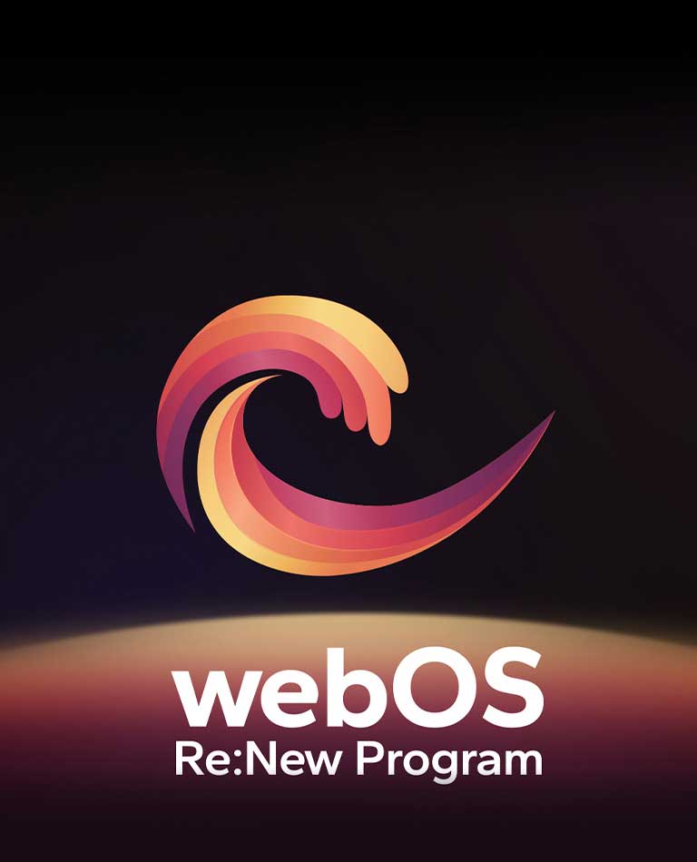 webOS logotips redzams centrā uz melna fona, un apakšpuse ir izgaismota ar logotipa sarkano, oranžo un dzelteno krāsu. Zem logotipa redzami vārdi “webOS Re:New Program”.