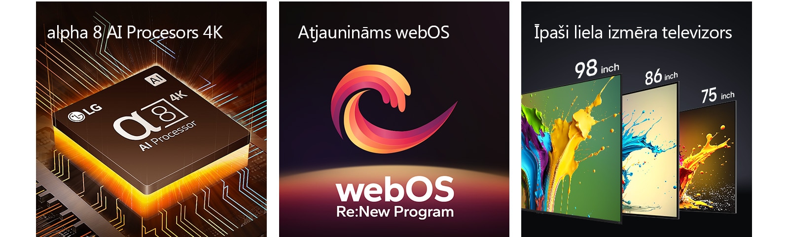 alpha 8 AI 4K procesors parādīts ar oranžu gaismu, kas nāk no apakšas. Spirāles forma sarkanā, dzeltenā un violetā krāsā parādīta starp vārdiem "Upgradeable webOS" un "webOS Re:New Program". LG QNED89, QNED90 un QNED99 TV parādīti secībā no kreisās uz labo pusi. Katrā TV parādīta krāsa, un virs katra TV redzama frāze "Ultra Big TV".