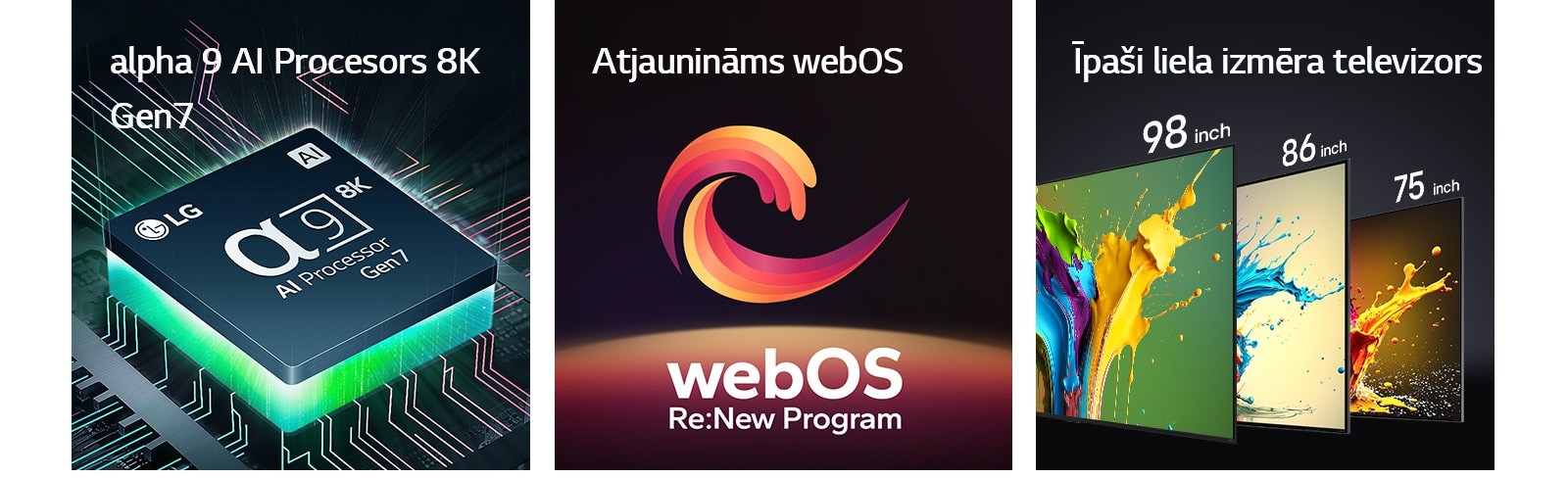Alpha 9 AI 8K Gen7 procesors parādīts ar zaļu gaismu, kas nāk no apakšas. Spirāles forma sarkanā, dzeltenā un violetā krāsā parādīta starp vārdiem “Upgradeable webOS” un “webOS Re:New Program”. LG QNED89, QNED90 un QNED99 TV parādīti secībā no kreisās uz labo pusi. Katrā TV parādīta krāsa, un virs katra TV redzama frāze “Ultra Big TV”.