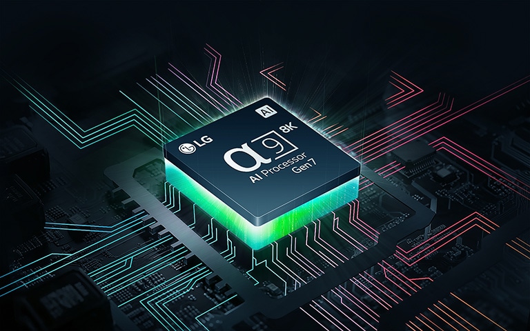 LG alpha 9 AI 8K Gen7 procesors ar zaļu gaismu apakšā un krāsainām apļveida līnijām no AI procesora.