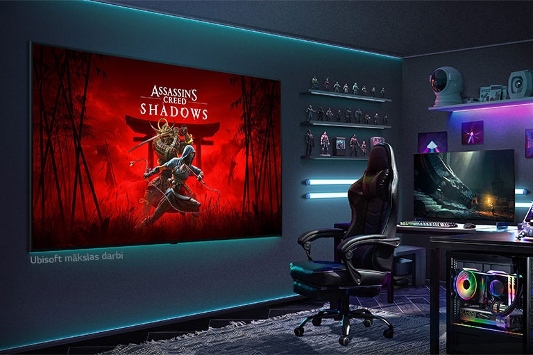 Mājas spēļu istabā pie sienas ir piestiprināts milzīgs LG TV. Uz ekrāna ir mākslas darbs no “Assassin's Creed Shadows”.
