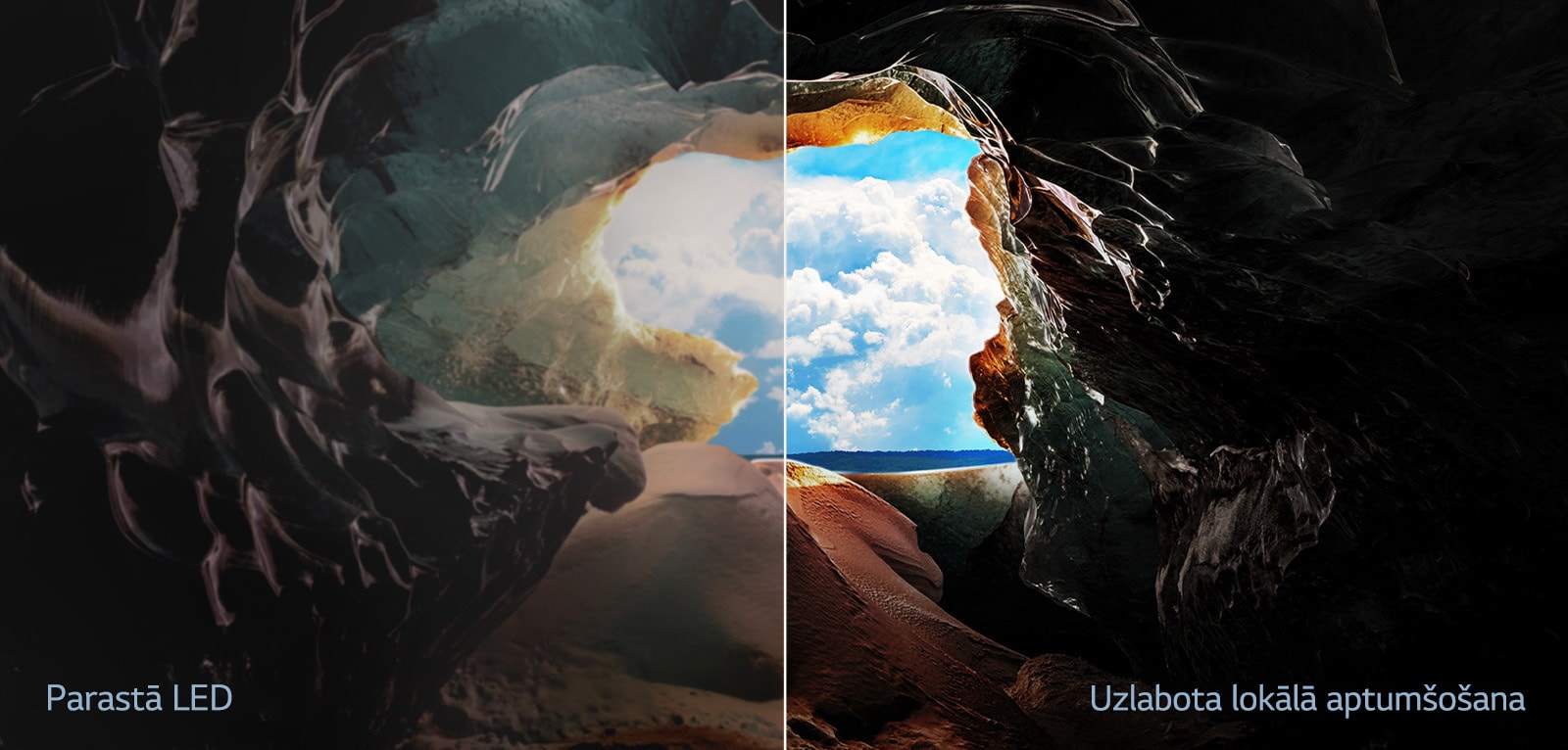 Perspektīva no alas iekšpuses ar skaut uz izeju, kur redzams horizonts un zilas debesis. Viss kadrs sadalīts uz pusēm, parādot QNED uzlaboto lokālo aptumšošanu. Vienā pusē krāsas un detaļas ir izbalējušas un attēli šķiet mazāk labi saskatāmi. Norāde: Parastā LED. Otrā pusē redzami izteikti melnie toņi, labāks kontrasts, spilgtums un krāsas. Norāde: Uzlabota lokālā aptumšošana. 