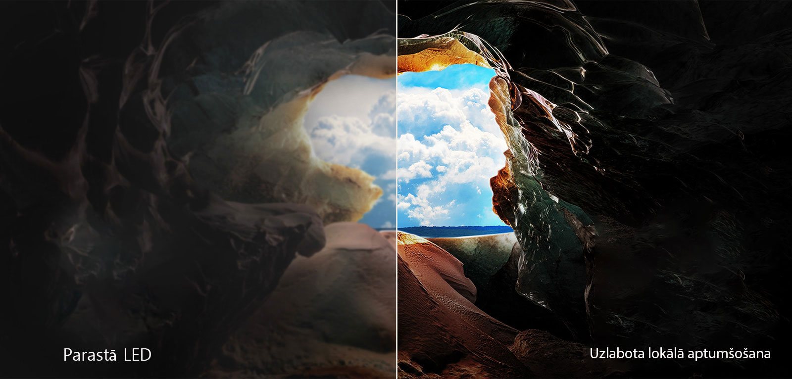 Perspektīva no alas iekšpuses ar skaut uz izeju, kur redzams horizonts un zilas debesis. Viss kadrs sadalīts uz pusēm, parādot QNED uzlaboto lokālo aptumšošanu. Vienā pusē krāsas un detaļas ir izbalējušas un attēli šķiet mazāk labi saskatāmi. Norāde: Parastā LED. Otrā pusē redzami izteikti melnie toņi, labāks kontrasts, spilgtums un krāsas. Norāde: Uzlabota lokālā aptumšošana. 