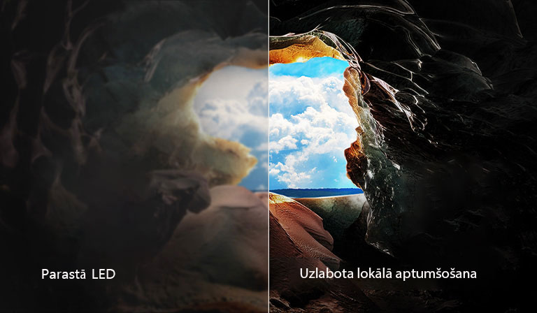 Perspektīva no alas iekšpuses ar skaut uz izeju, kur redzams horizonts un zilas debesis. Viss kadrs sadalīts uz pusēm, parādot QNED uzlaboto lokālo aptumšošanu. Vienā pusē krāsas un detaļas ir izbalējušas un attēli šķiet mazāk labi saskatāmi. Norāde: Parastā LED. Otrā pusē redzami izteikti melnie toņi, labāks kontrasts, spilgtums un krāsas. Norāde: Uzlabota lokālā aptumšošana. 